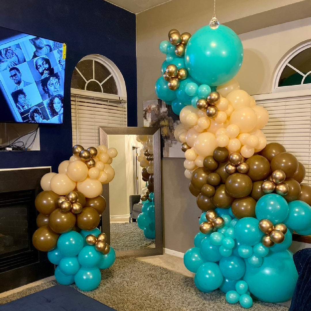 Aqua Blue,Cream and Gold Balloon Garland-Blissful Journeys -balloon garlands,blue,brown,favs,garlands,gold,port