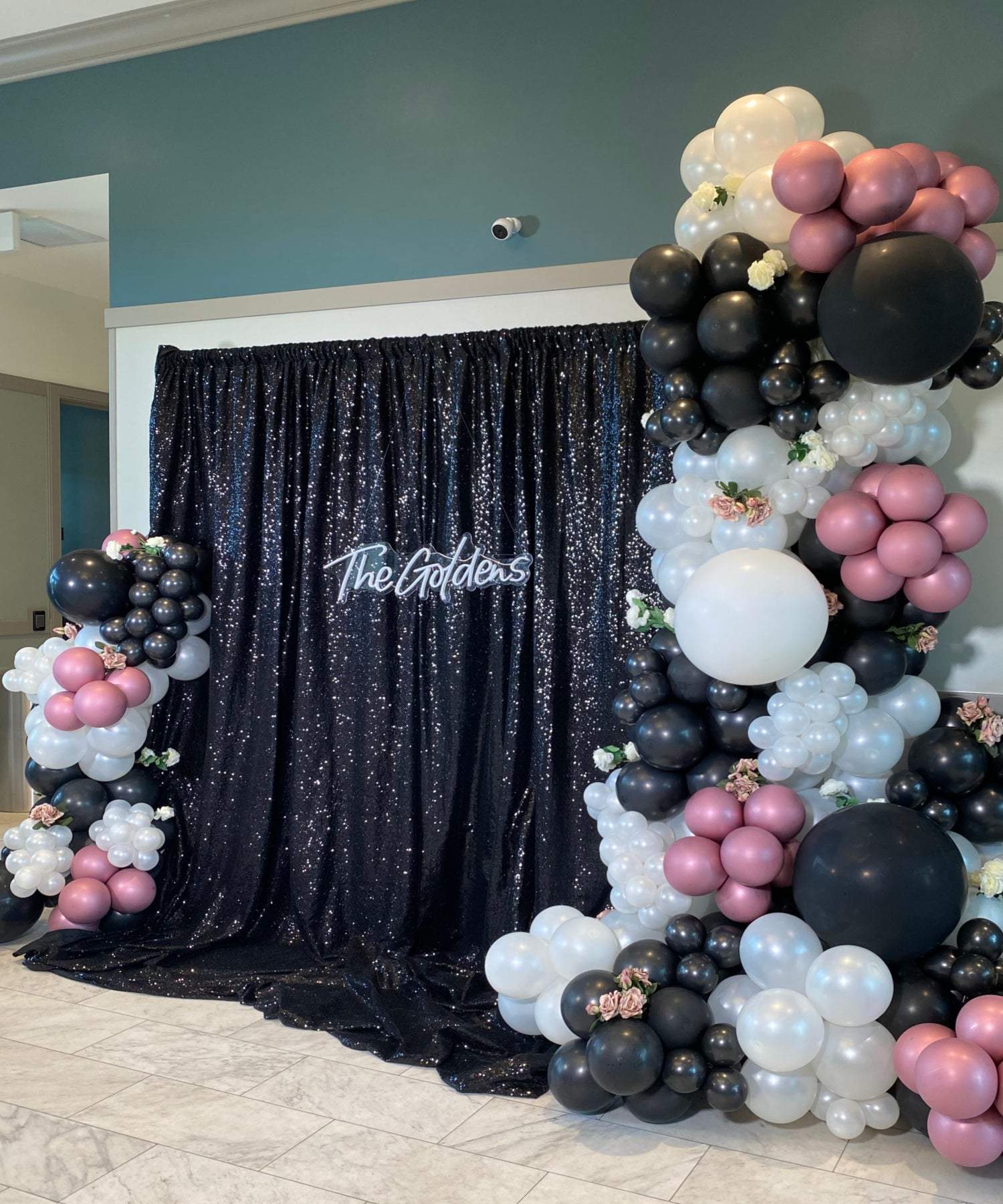 Black,White and Pink Balloon Garland With Backdrop-Blissful Journeys -balloon garlands,garlands,port