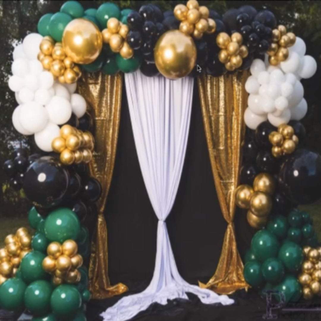 Gold,Green and Black Balloon Arch with Curtain Backdrop-Blissful Journeys -arch,arches,backdrop,Balloon arches,birthday parties,black,gold backdrop,green,weddings,white